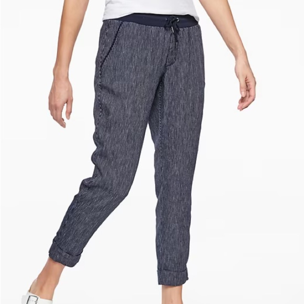 Athleta 100% Linen Bali Ankle Pants Women’s 12 Navy Stripes Athleisure Navy Blue